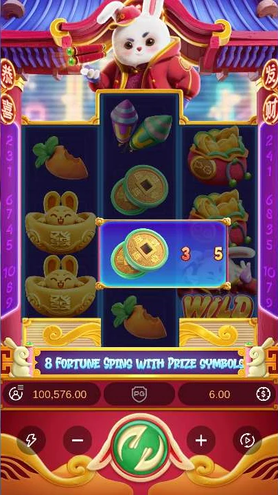 Fortune Rabbit spin 400 - base game, coin prize symbols landing (values 3 and 5) with a Wild, balance EUR 100,576.00