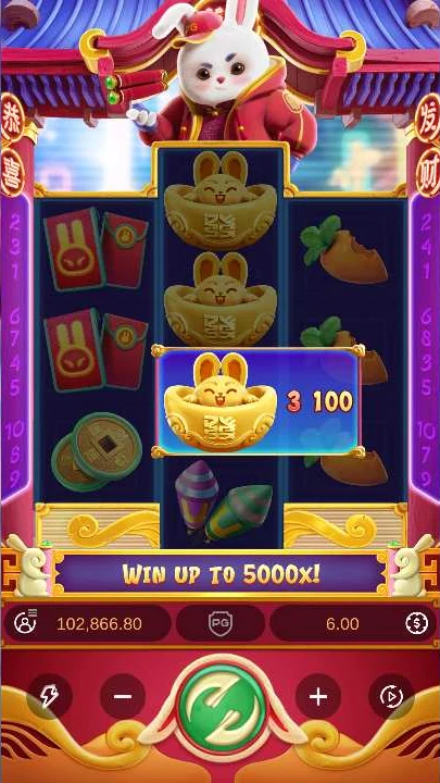 Fortune Rabbit spin 1200 - late session gameplay, balance EUR 102,866.80 at EUR 6.00/spin